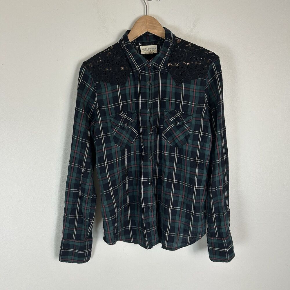 Denim & Supply Ralph Lauren Western Shirt Womens L Blue Plaid Pearl Snap Lace